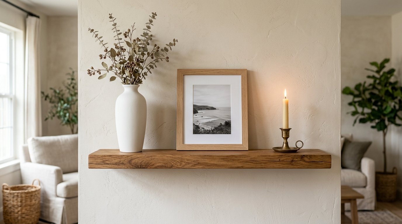 White vase with dried branches, a framed ocean photo, and a lit taper candle on a rustic wooden mantelpiece.