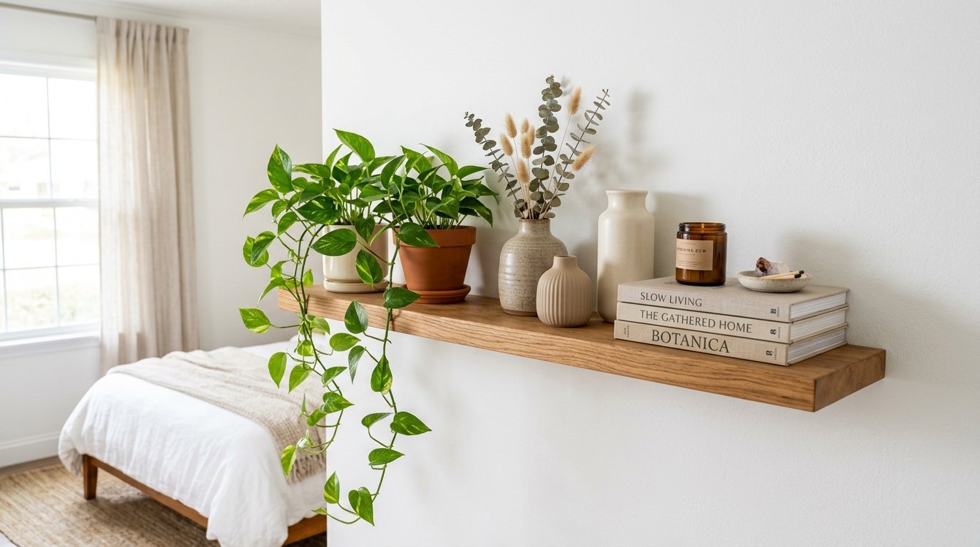 Floating wooden shelf holding potted pothos, ceramic vases, dried stems, a candle, and stacked coffee table books.