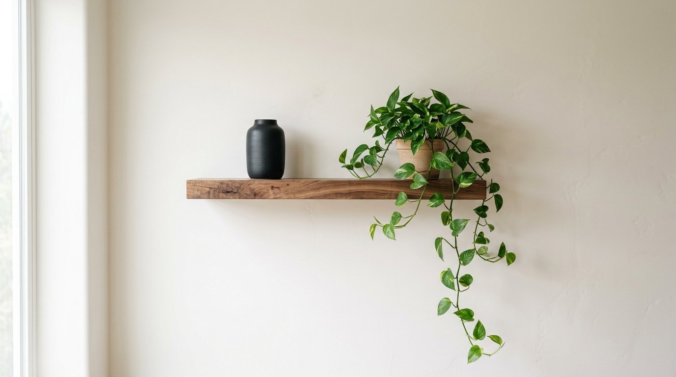 A rustic wood floating shelf holds a potted trailing green plant and a dark charcoal ceramic jar.