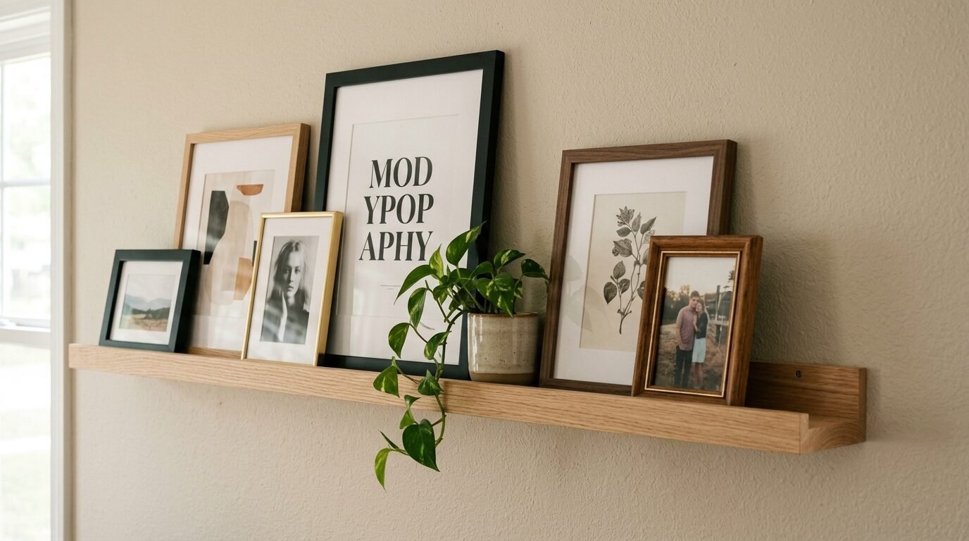 Floating oak shelf holding multiple picture frames, a botanical drawing, and a trailing pothos plant.