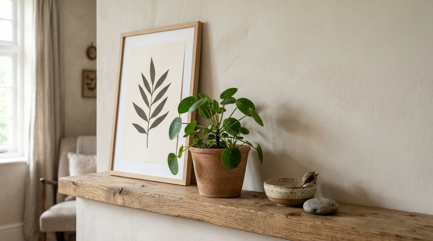 A small potted pilea plant sits on a reclaimed wood mantel next to a framed leaf illustration.