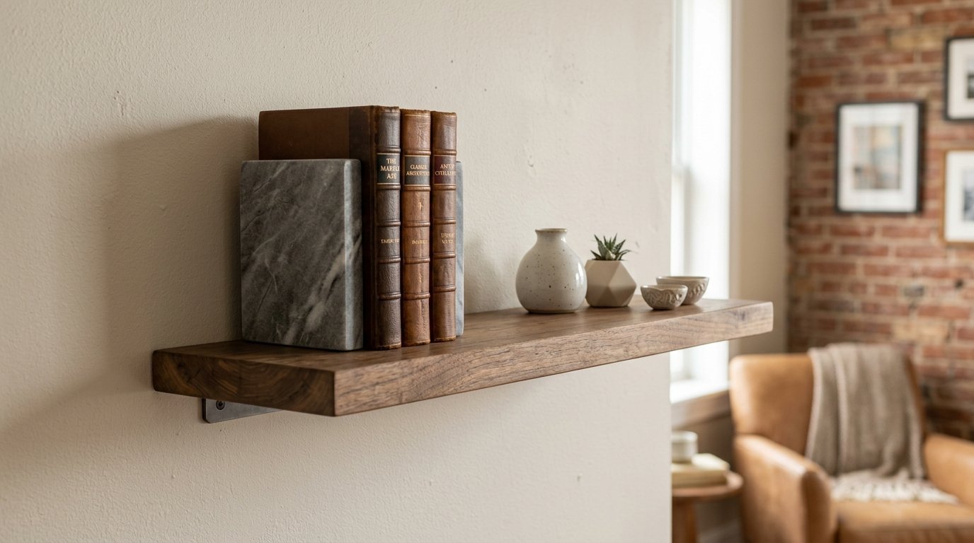 Floating walnut shelf mounted on a wall featuring marble bookends, leather-bound books, and small ceramic vases.