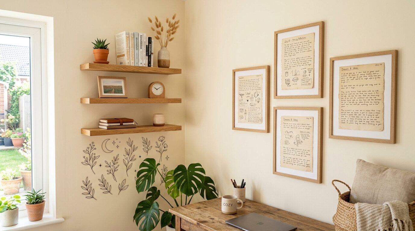 Floating wooden shelves with books and plants, plus wall art prints and a desk in a cozy bright home office.