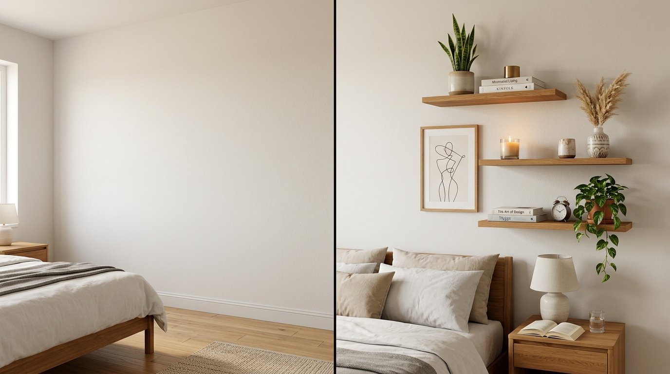 Floating shelves above a wooden bed frame featuring plants, books, a candle, and wall art in a beige bedroom.