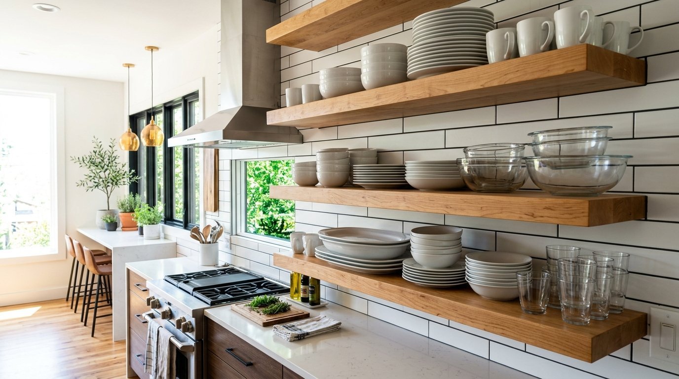 Stacked white ceramic plates, bowls, and glassware on rustic wooden shelves with subway tile backsplash.