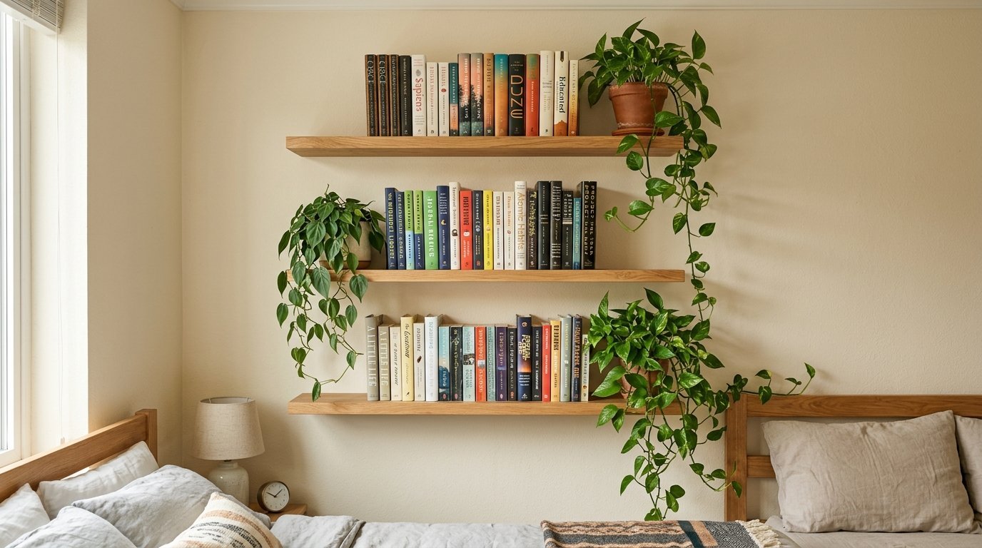 Bookshelf setup above a bed featuring stacked novels and hanging pothos plants in pots.