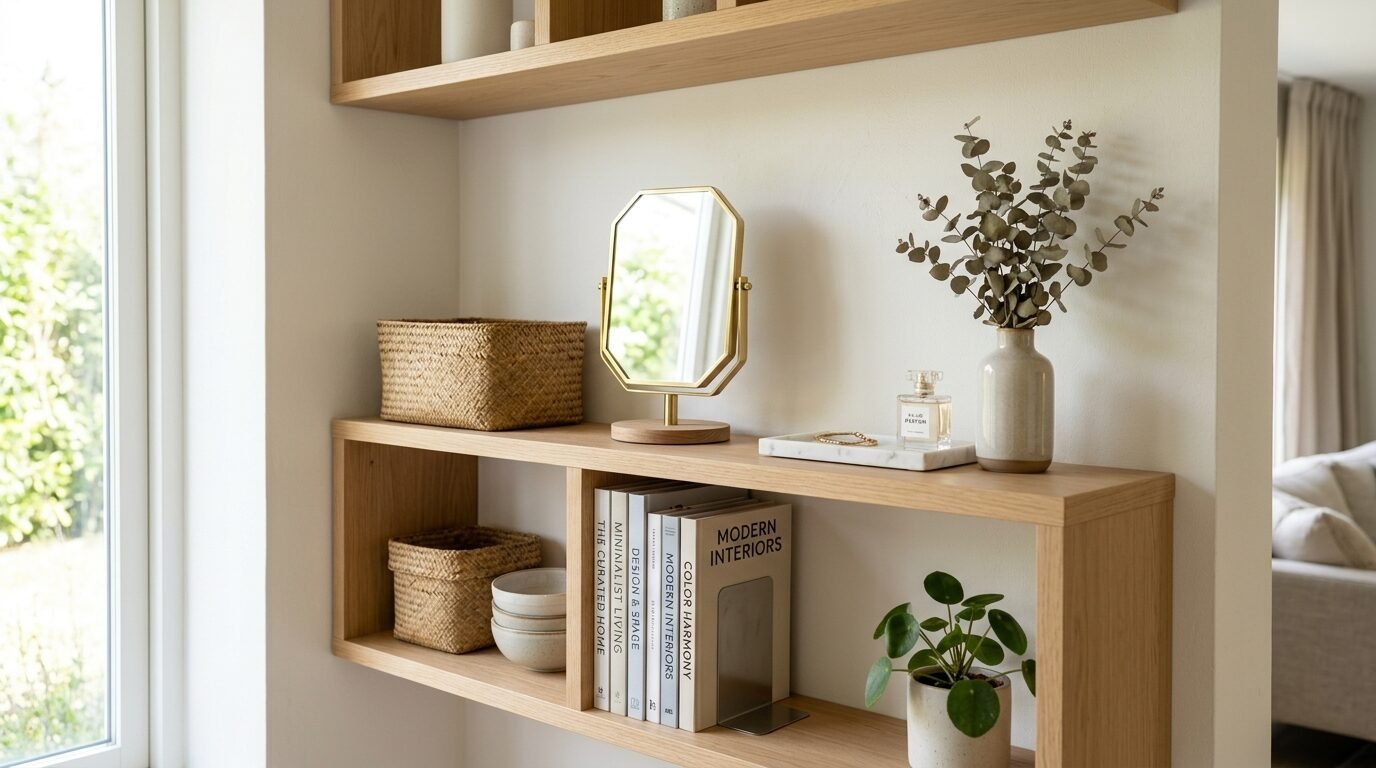 Close-up of oak shelves featuring a gold mirror, woven baskets, books, a vase with eucalyptus, and a small houseplant.