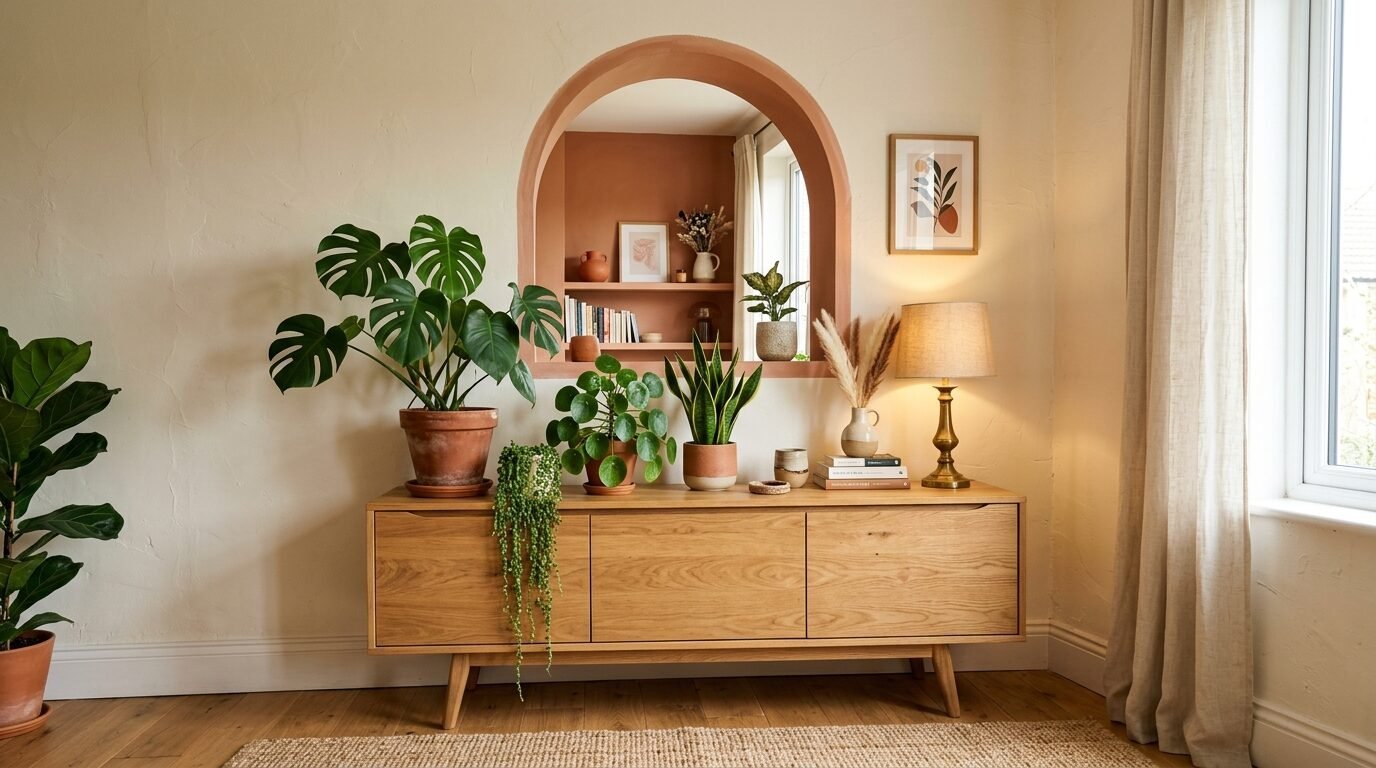 Modern wooden console table decorated with a monstera, peperomia, and snake plant in front of an arched wall niche.