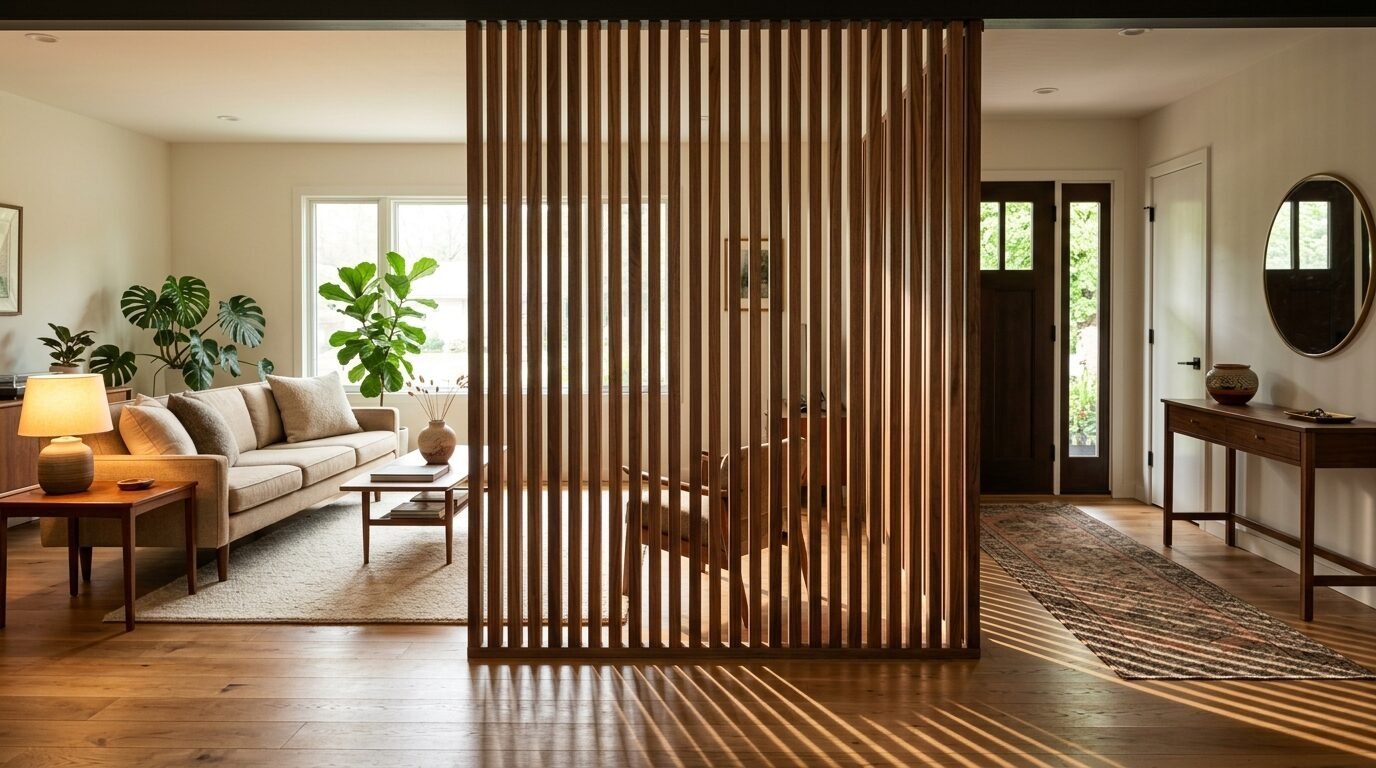 Vertical wood slats form a privacy screen between a cozy living area and a bright home entryway.