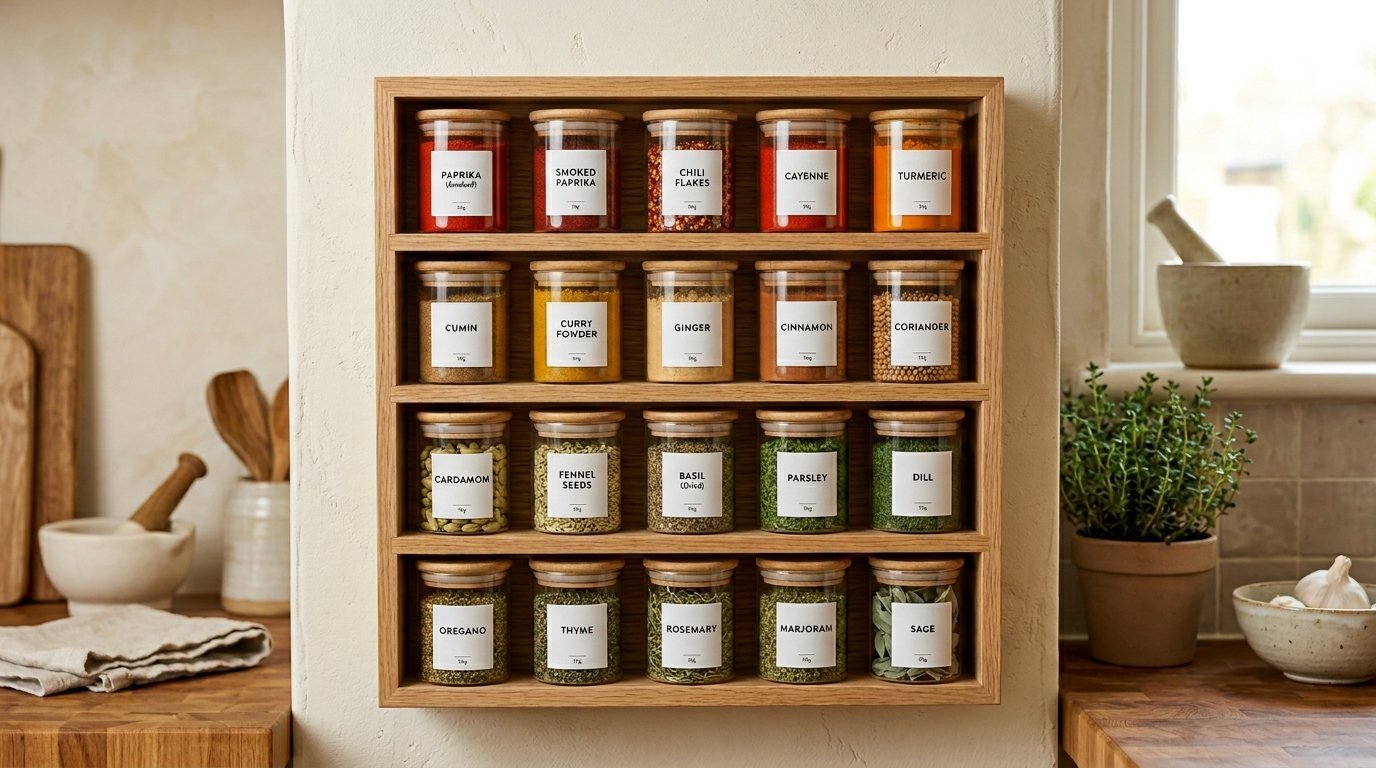 Wall-mounted wooden spice rack holding twenty labeled glass jars filled with various herbs and spices.