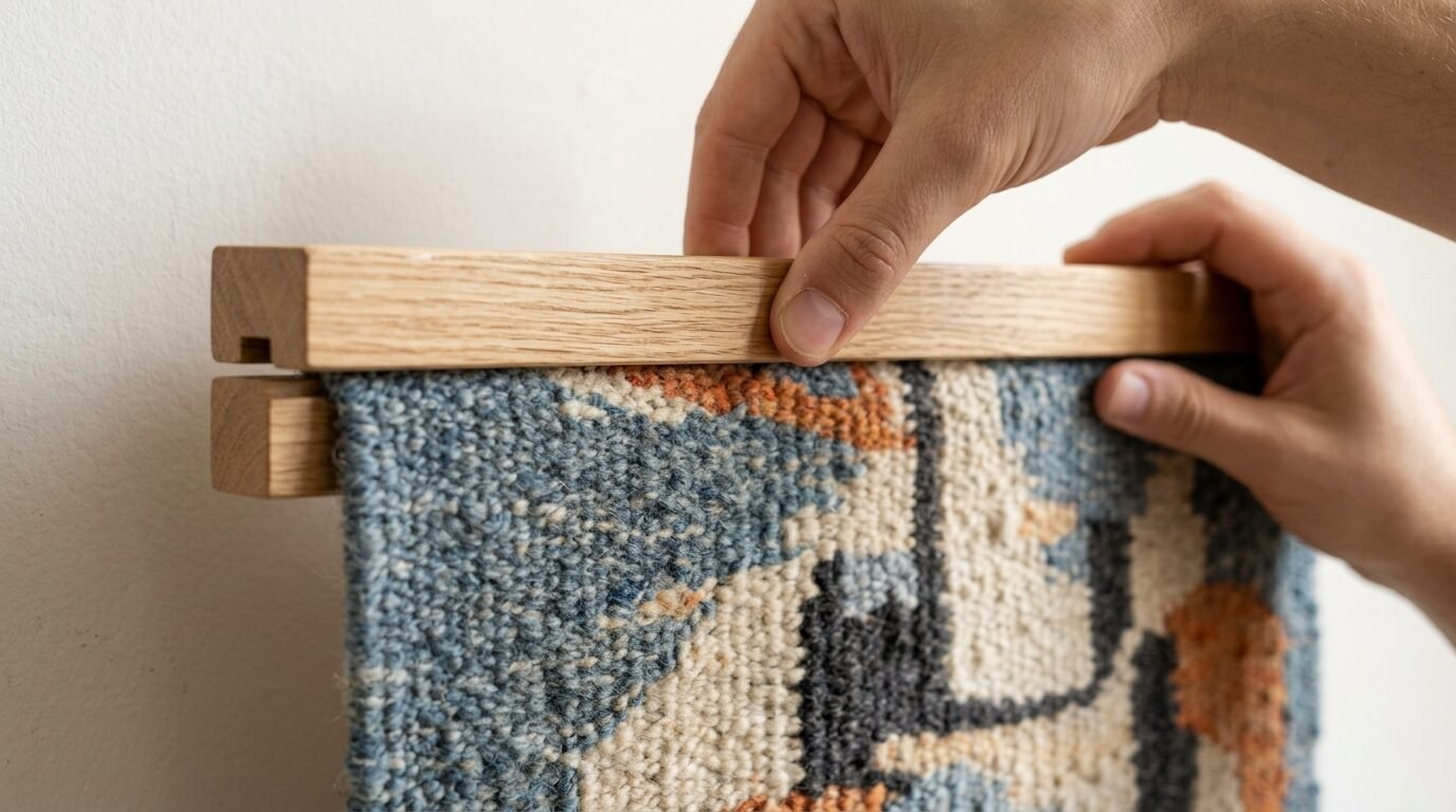 Close up of hands placing a textured rug into a natural wood frame for wall hanging.