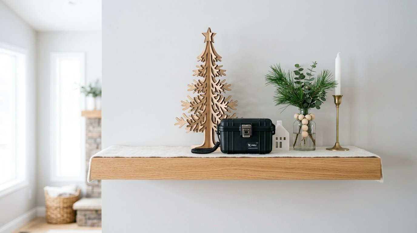 A wooden laser-cut tree, a small black hard case, and a vase with evergreen branches sit on a light oak floating shelf.