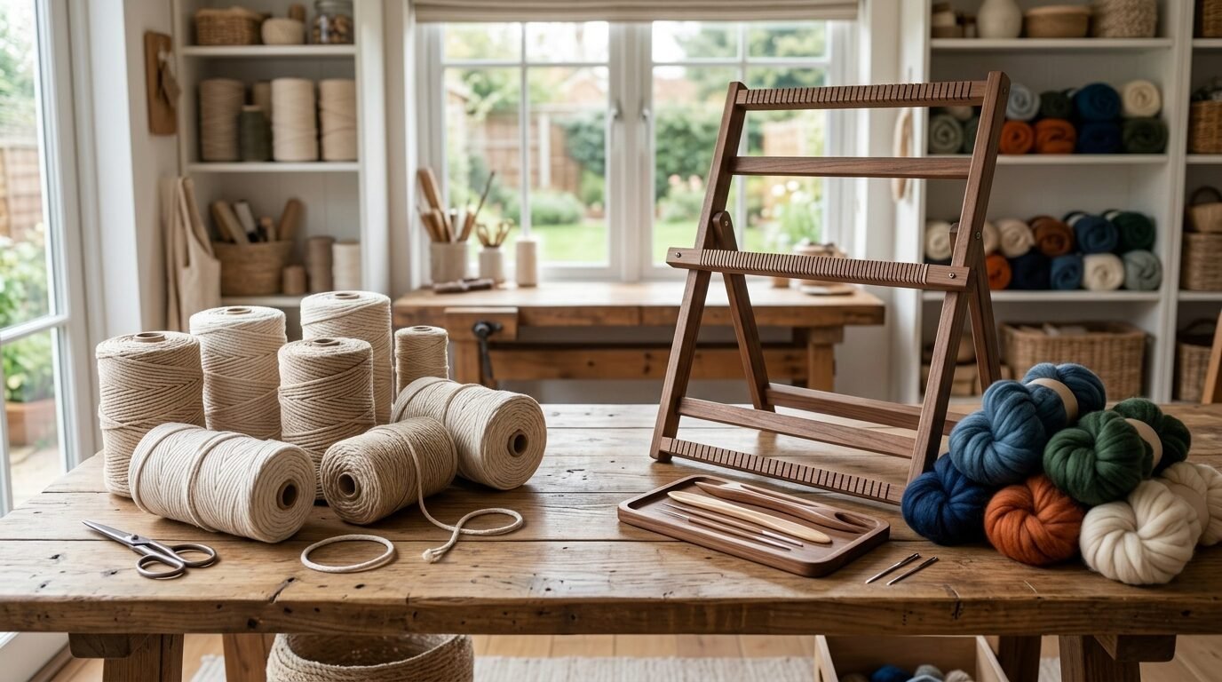 Wooden weaving loom, spools of beige cord, and balls of blue, green, and orange yarn on a rustic workshop table.