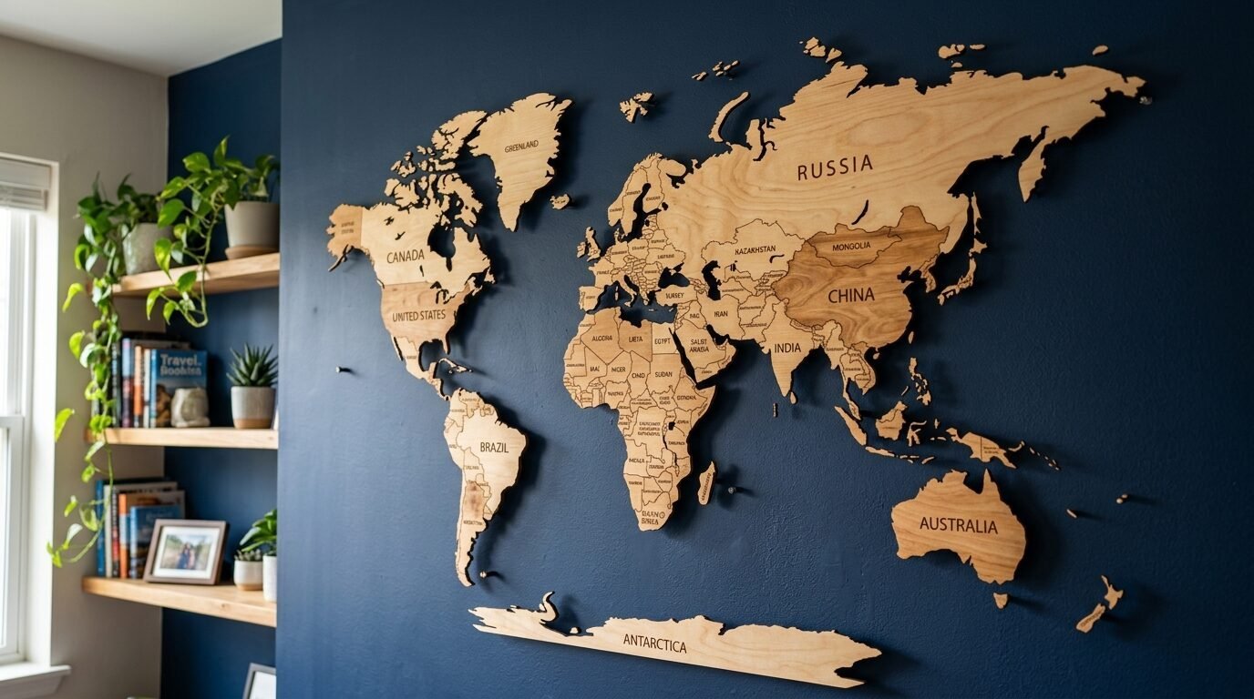Laser-cut wood map of the world installed as decor on a deep blue accent wall next to floating shelves.