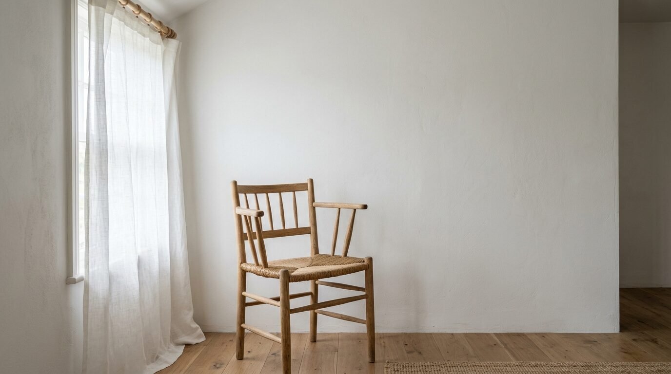A natural wood spindle chair with a rush seat placed near a sheer curtained window on hardwood floors.