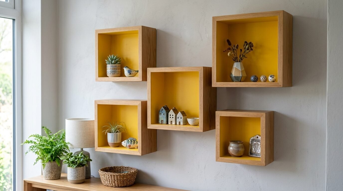 Five wooden box shelves with yellow backings mounted on a grey wall, holding small ceramic decor and house plants.