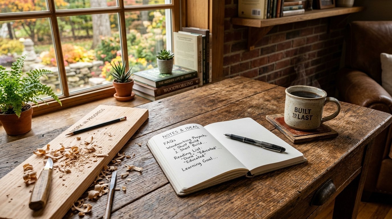 Open notebook with handwritten notes on a wooden desk with carving tools and a steaming mug of coffee.