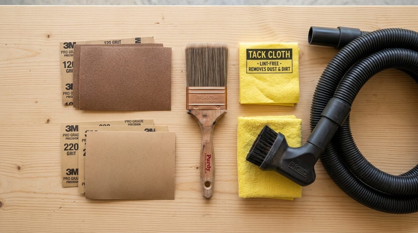 Top view of sandpaper, a wooden handle paintbrush, yellow tack cloths, and a black Ridgid vacuum attachment.