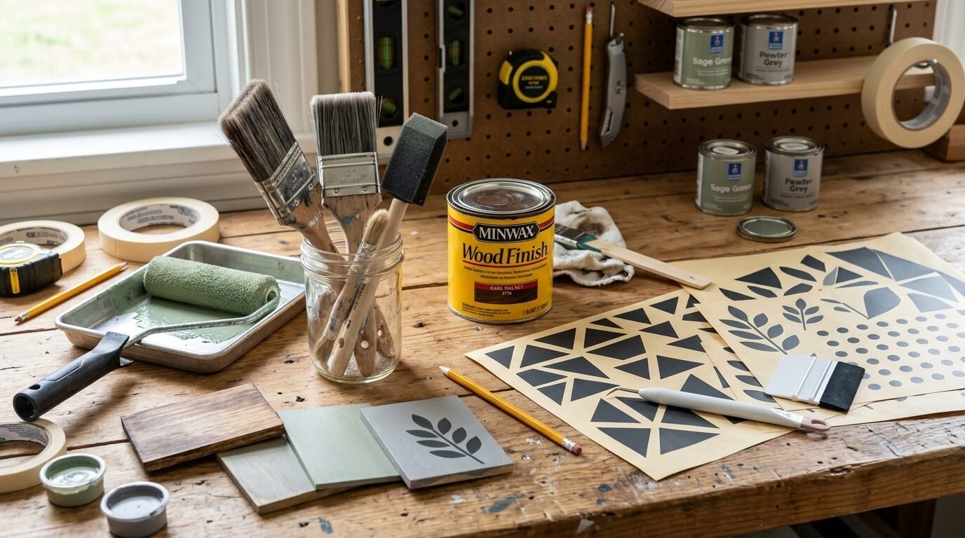 A rustic workshop table featuring Minwax stain, various paint brushes, rollers, and geometric stencil patterns for DIY projects.
