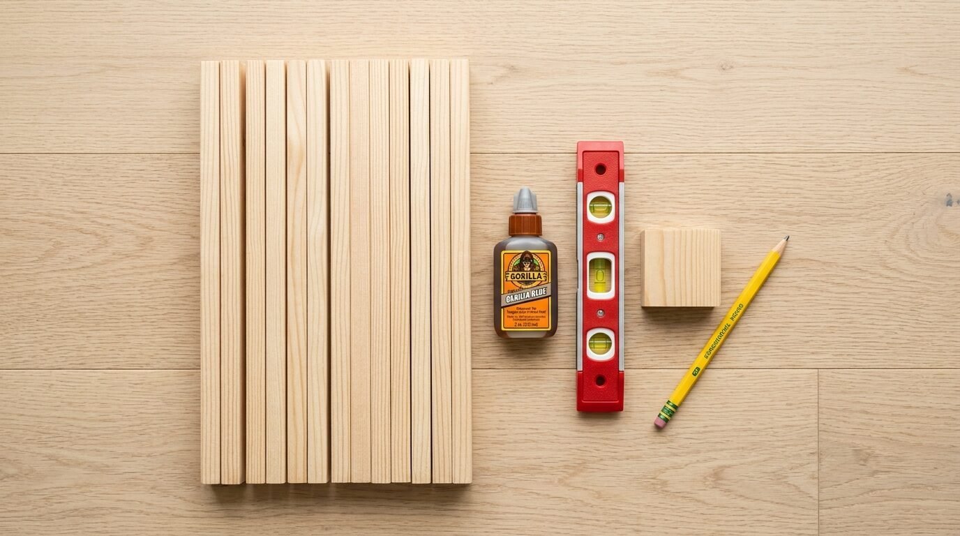 Pine wood slats next to Gorilla glue, a red spirit level, a wooden block, and a yellow pencil on a wood floor.