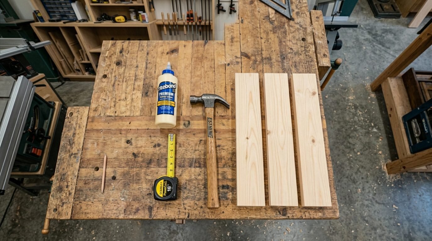 Hammer, glue bottle, measuring tape, and pencil arranged near three pine boards on a weathered workbench.