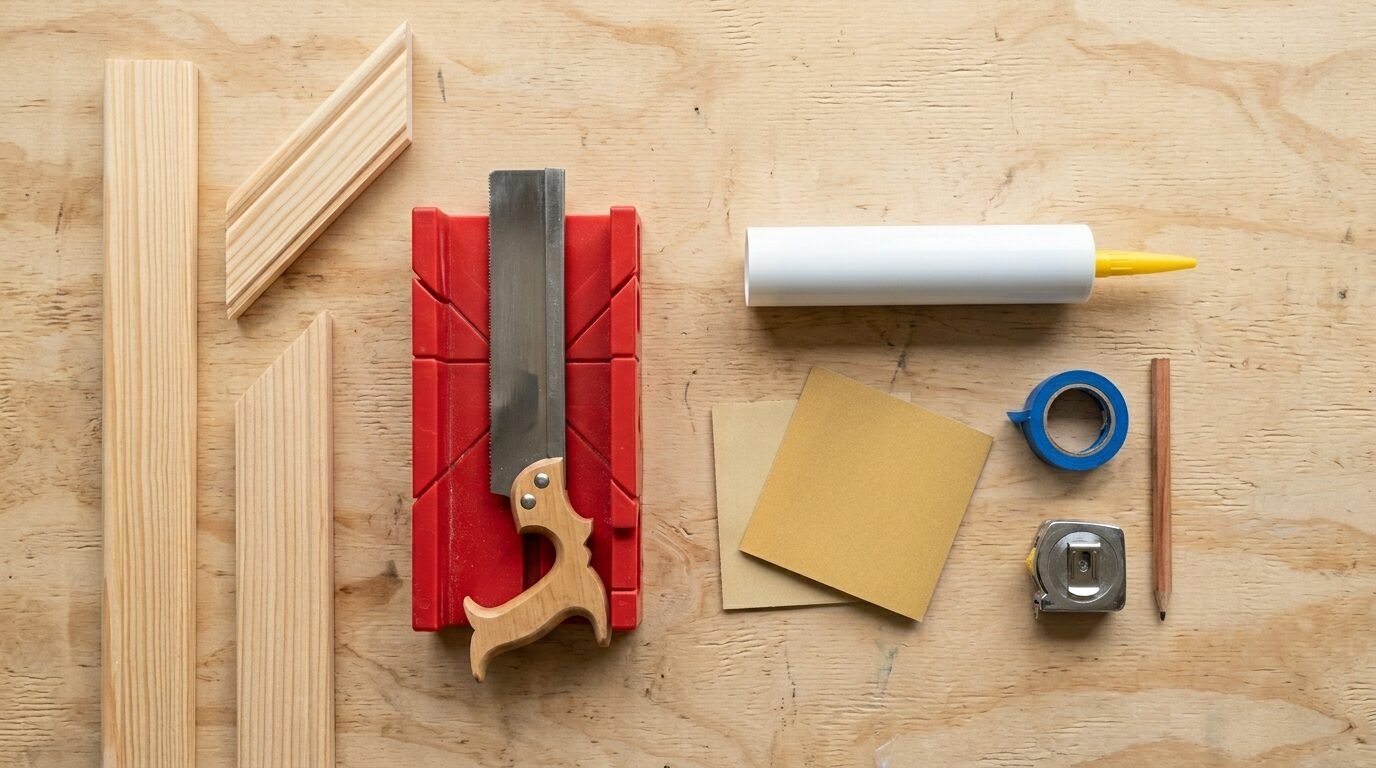 Top-down view of a miter box, hand saw, sandpaper, tape measure, pencil, and wood trim on plywood surface.
