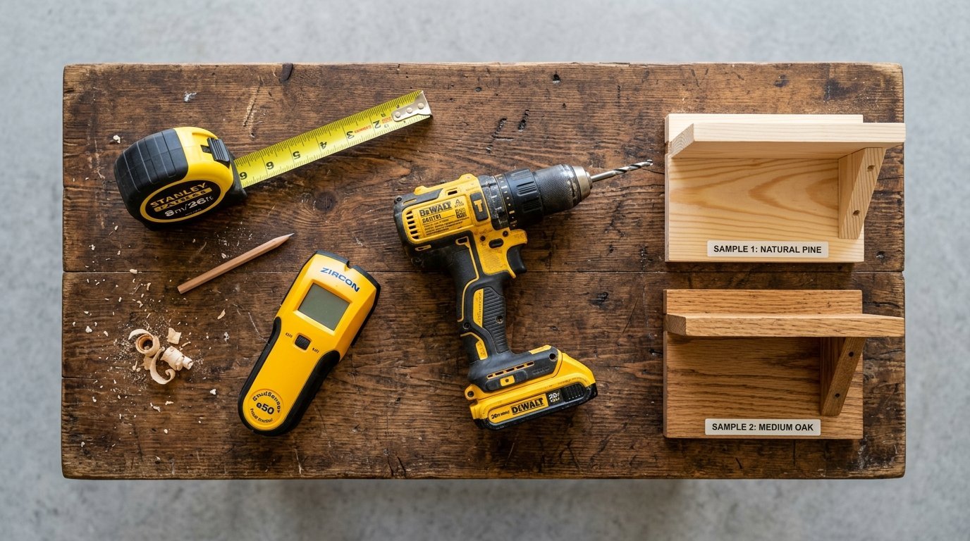 Top-down view of a drill, tape measure, stud finder, and wood shelf samples resting on a worn wooden workbench.