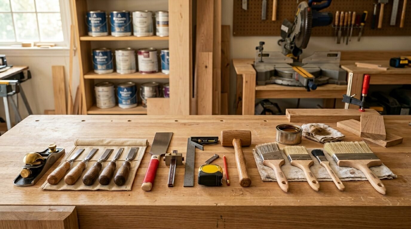 Chisels, measuring tools, wooden mallet, and paint brushes lined up on a wooden craft desk.