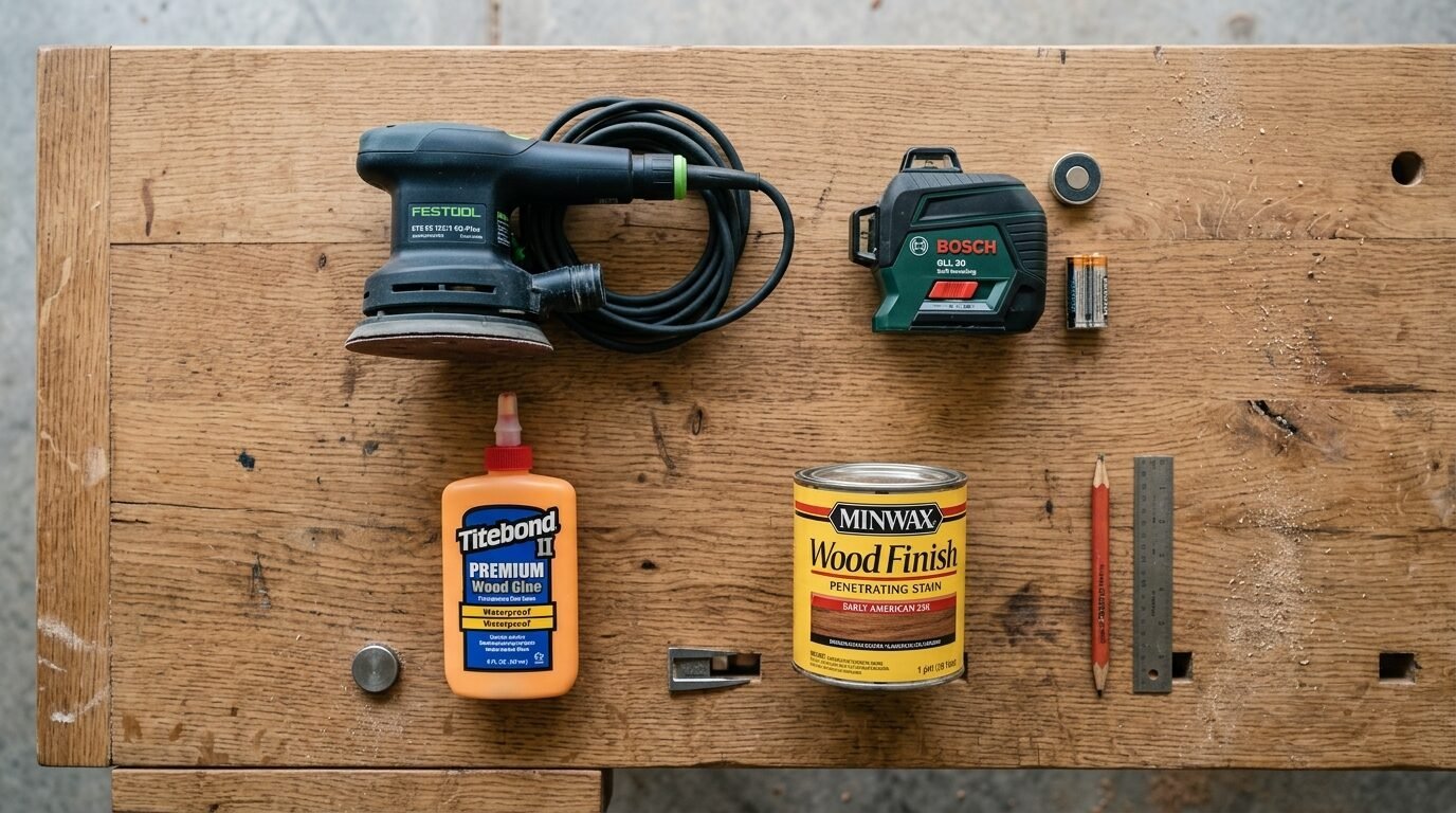 Top-down view of a sander, laser level, wood glue, stain can, and drafting tools on a wooden surface.