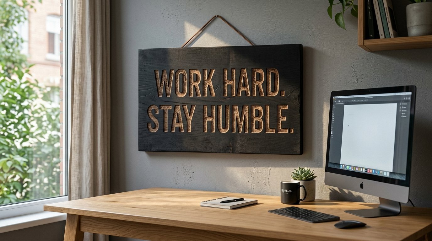 Engraved black wooden sign with motivational text hanging above a wooden desk with a computer and plant.