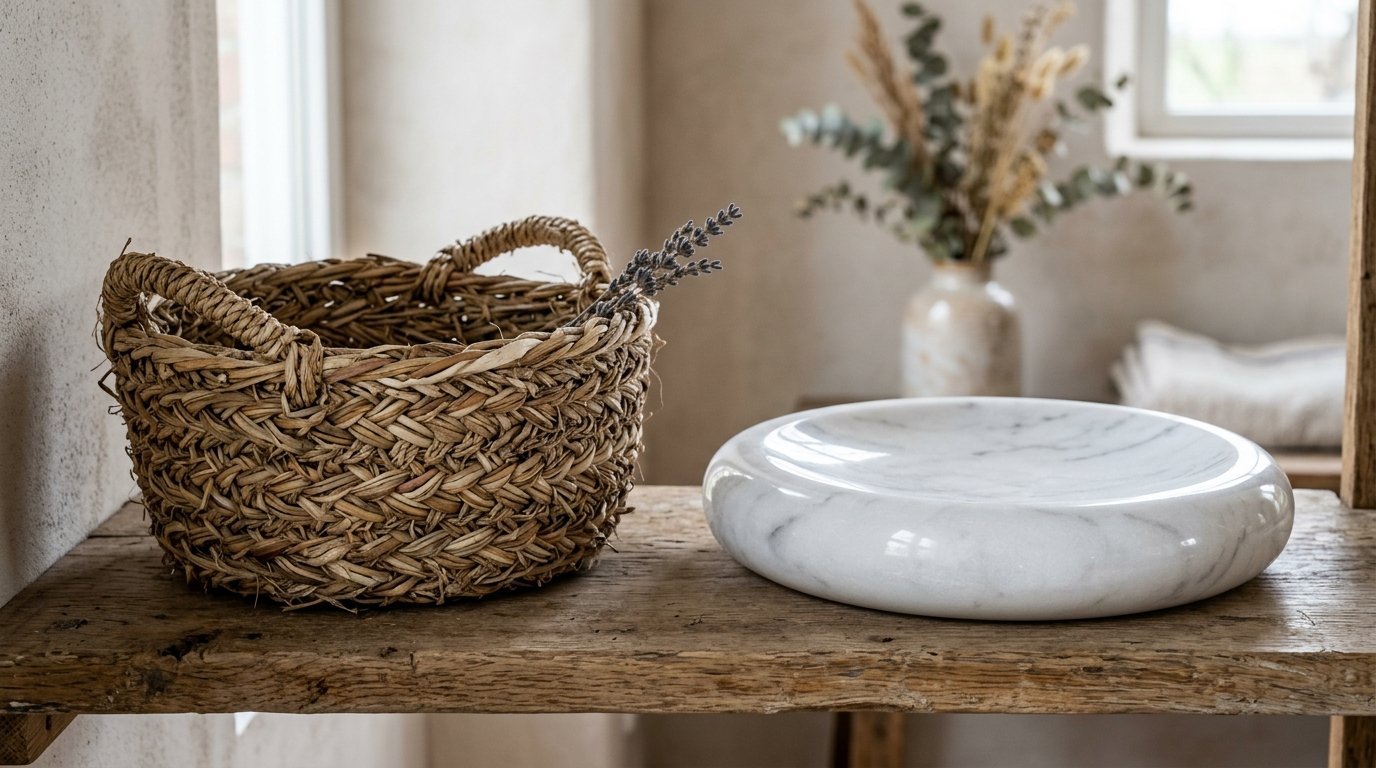A braided seagrass basket and a polished stone basin sit on a reclaimed wooden shelf in a bright room.