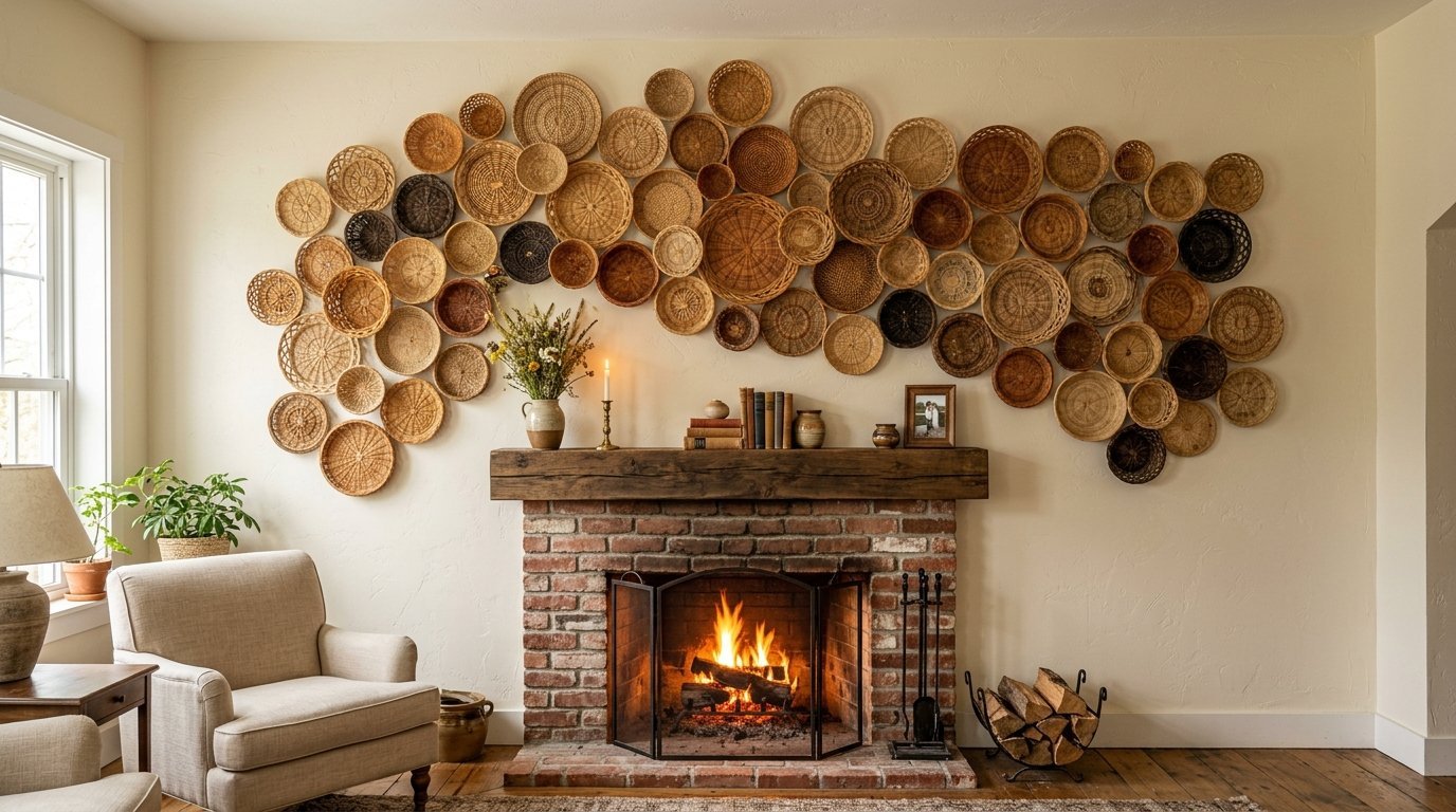 A brick fireplace mantle featuring a large collection of assorted woven wall baskets and a burning fire.
