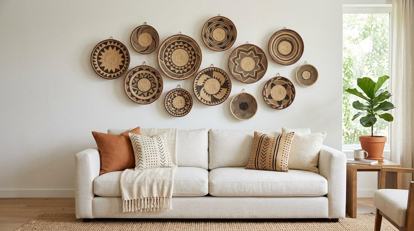 A beige sofa styled with decorative woven baskets displayed in a cluster on the wall above it.