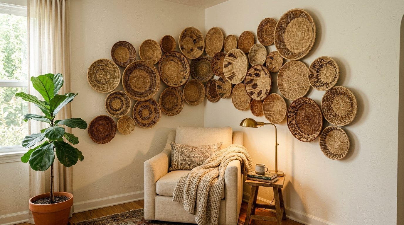 A beige armchair with a knit blanket and a wall decorated with various round wicker and woven baskets.