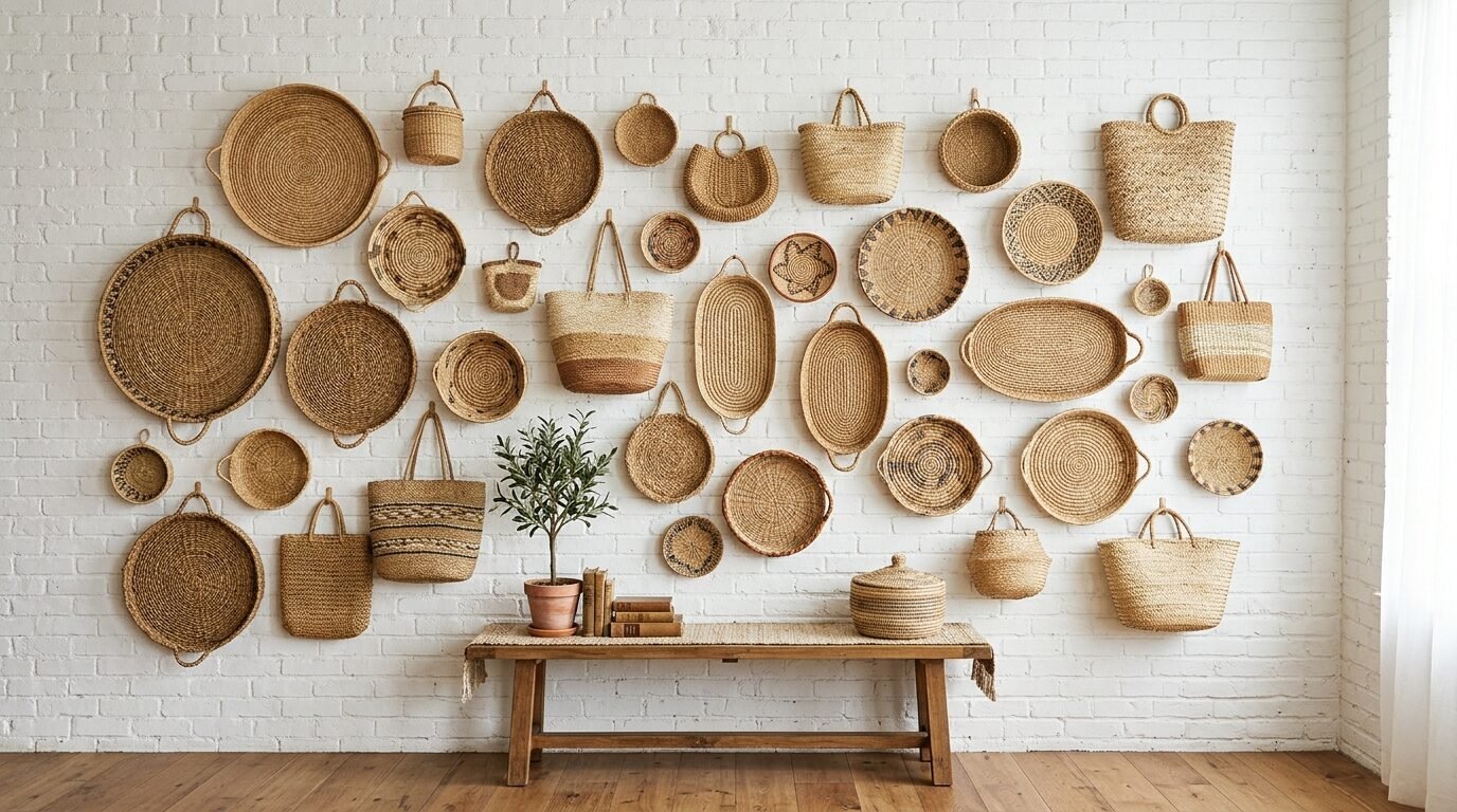 A collection of various round and oval wicker baskets and tote bags hanging on a white brick wall above a wood bench.