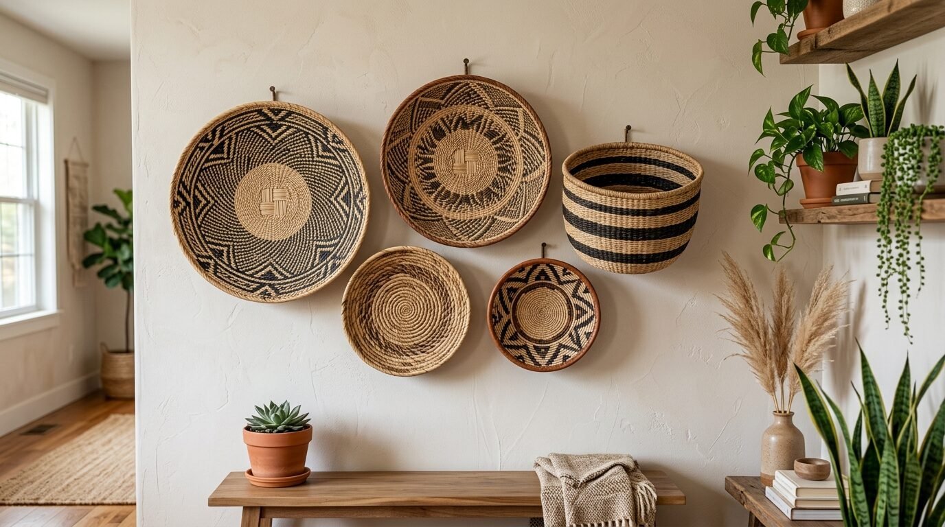 A gallery wall arrangement featuring five decorative woven baskets of various patterns and sizes above a wooden bench.