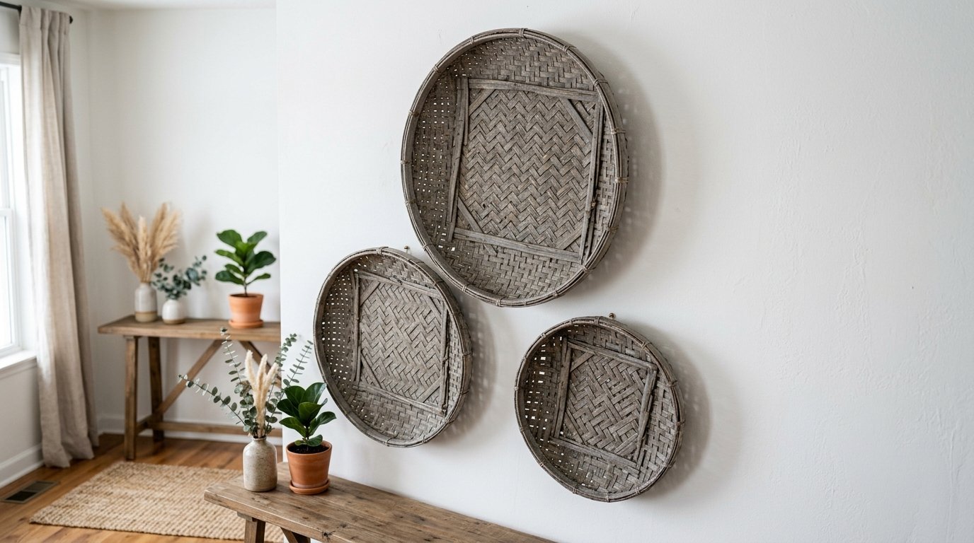 Three circular rustic wicker baskets hung on a white wall above a wooden entryway console table.