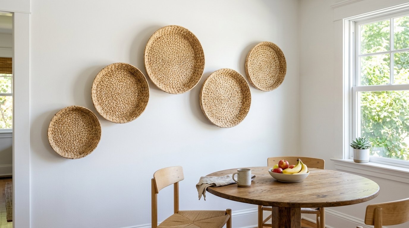 Four round seagrass baskets hung on a white wall in a dining room next to a window.