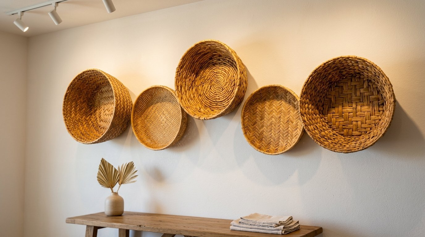 A collection of round wicker and rattan baskets hanging as art above a rustic wooden table with a small vase.