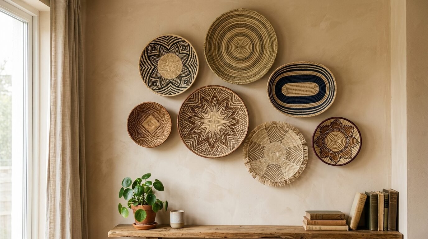 Collection of decorative round and oval woven baskets mounted on a beige plastered wall above a wooden console table.