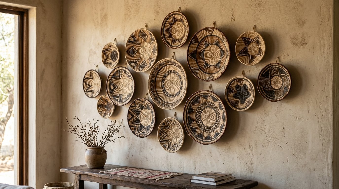 An assortment of patterned, handcrafted circular baskets hung as a gallery wall above a wooden console table.