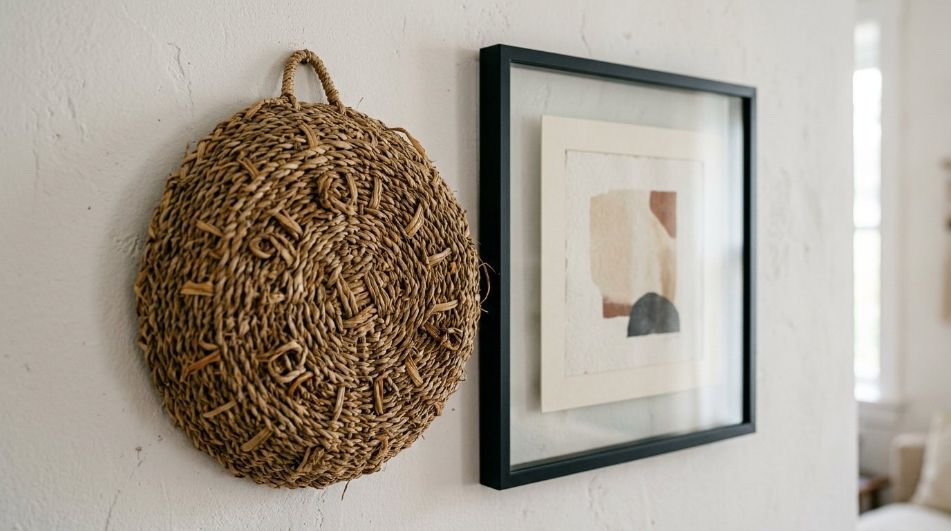 Round braided rattan basket decoration next to a black framed picture on a white plaster wall.