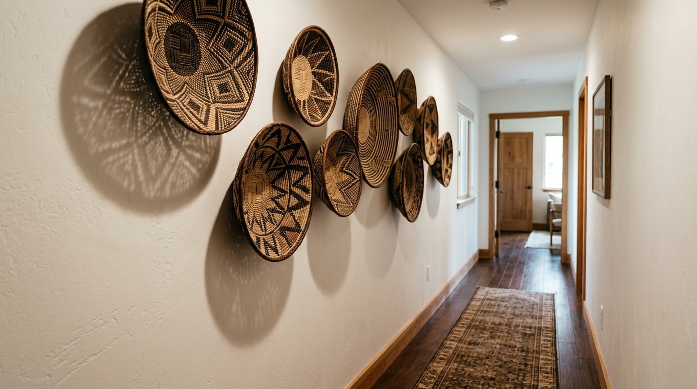 A collection of textured, patterned wicker baskets mounted on a white wall in a hardwood floor corridor.