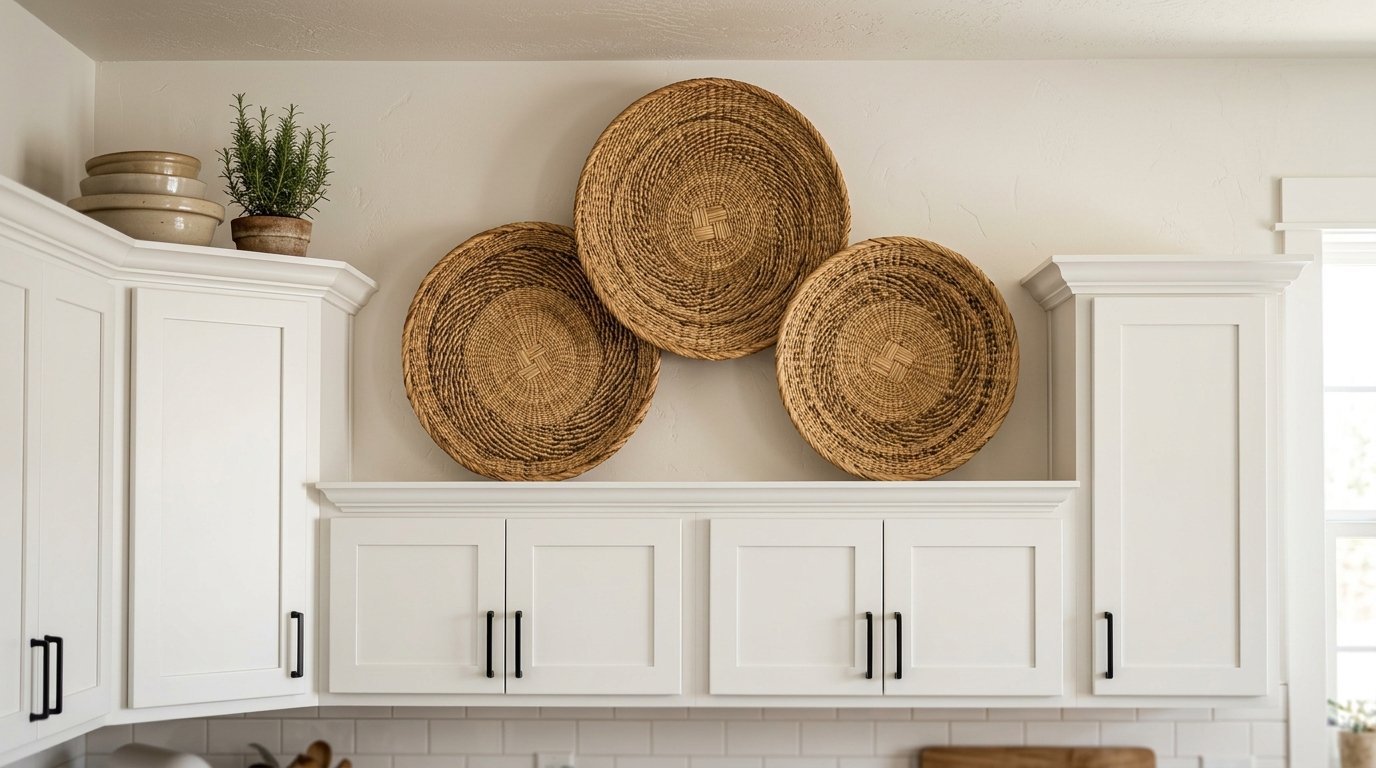 Decorative seagrass trays mounted on a wall above modern white kitchen cupboards.