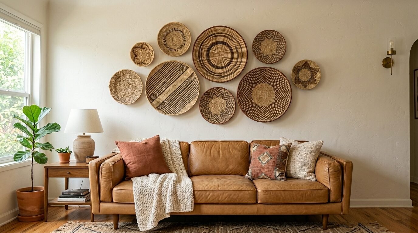 A cognac leather couch positioned beneath a gallery wall arrangement of assorted woven natural fiber baskets.