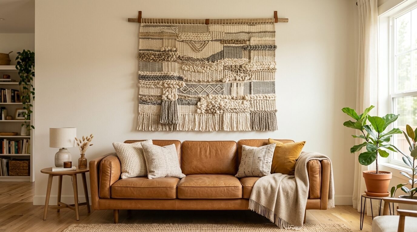 Large woven tapestry hanging above a brown leather couch in a bright minimalist living room.
