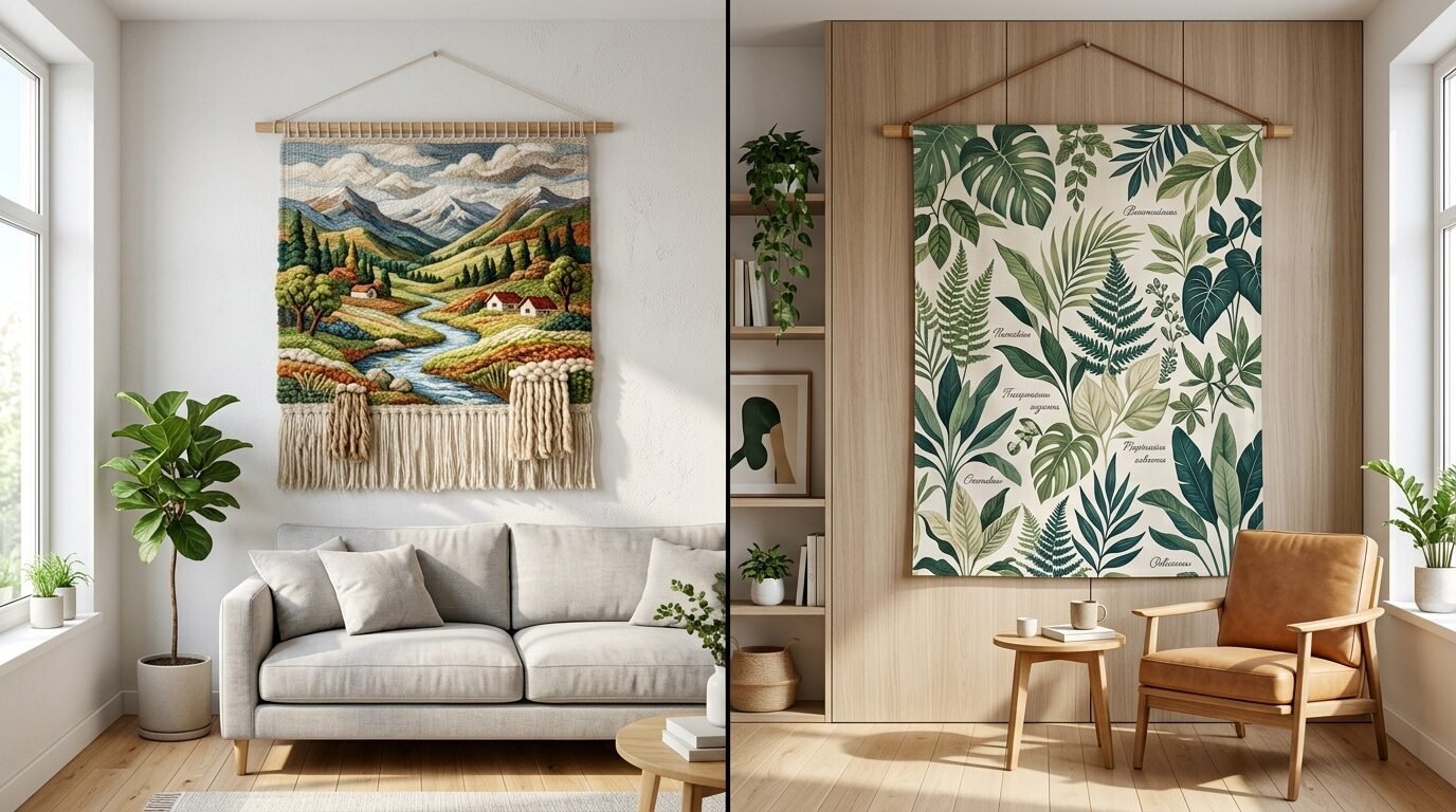 Split view showing a scenic landscape textile art above a sofa and a leafy plant pattern tapestry by a wood chair.