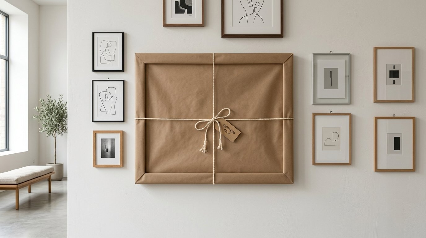 A brown paper-wrapped frame tied with string sits centered on a white wall surrounded by smaller framed wall art.
