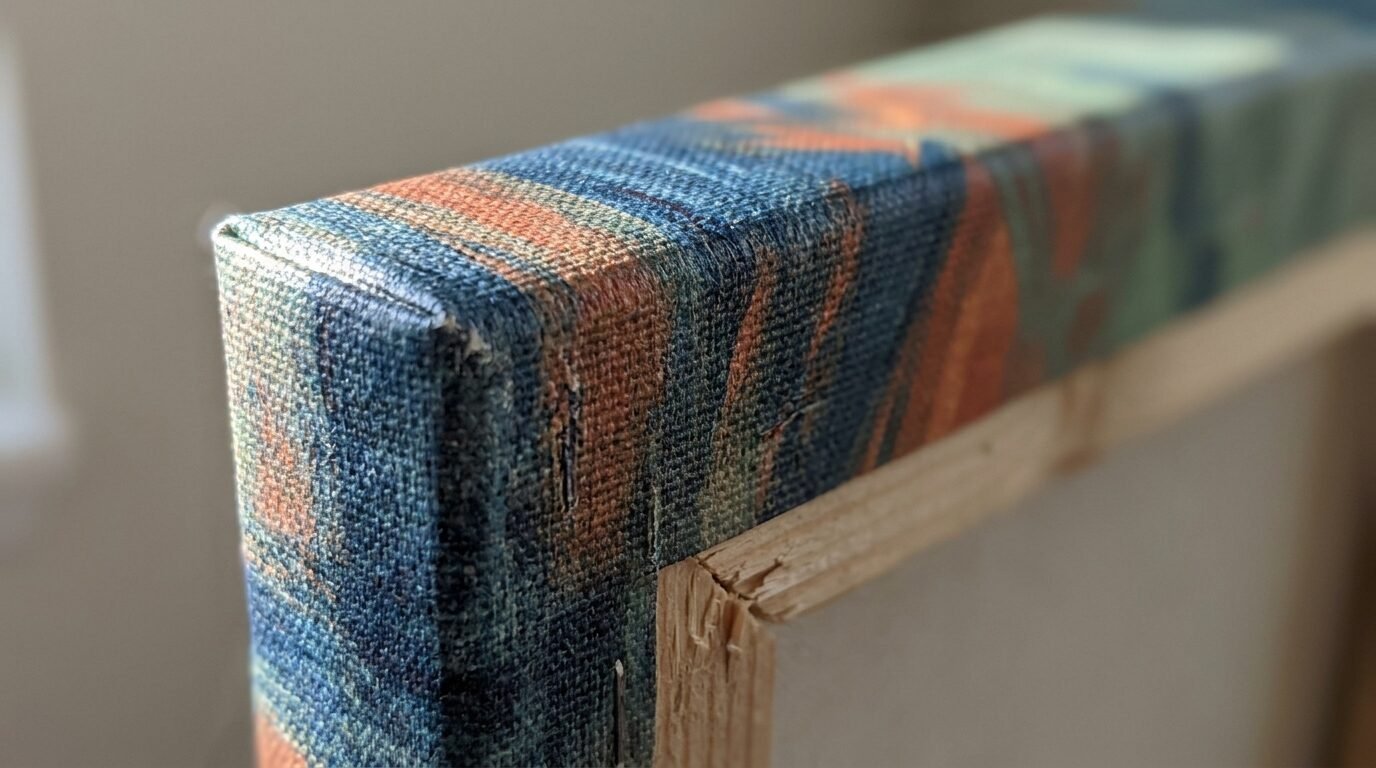 A detailed corner angle of a canvas print showing the fabric stretched over a wooden frame.
