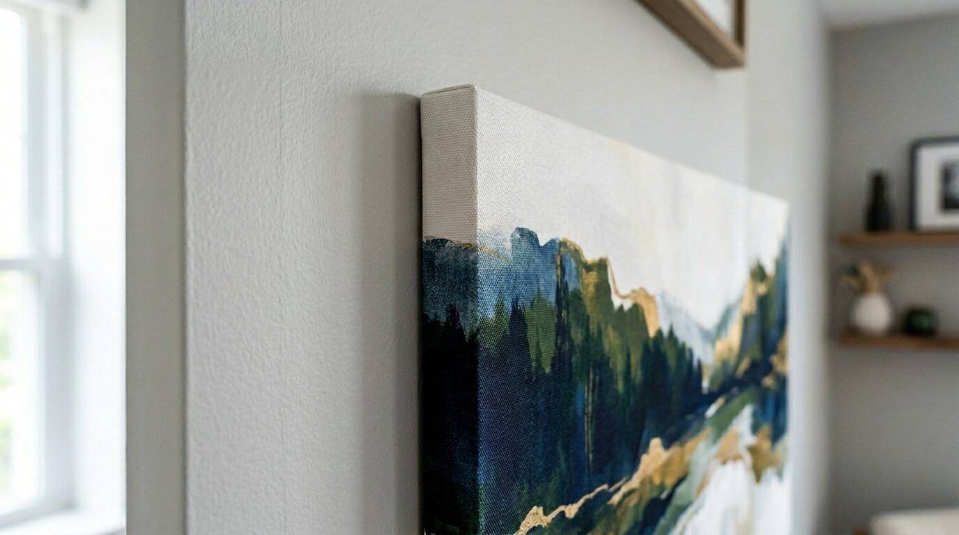 Close-up view of a canvas painting with green, navy, and gold abstract mountain scenery hanging indoors.